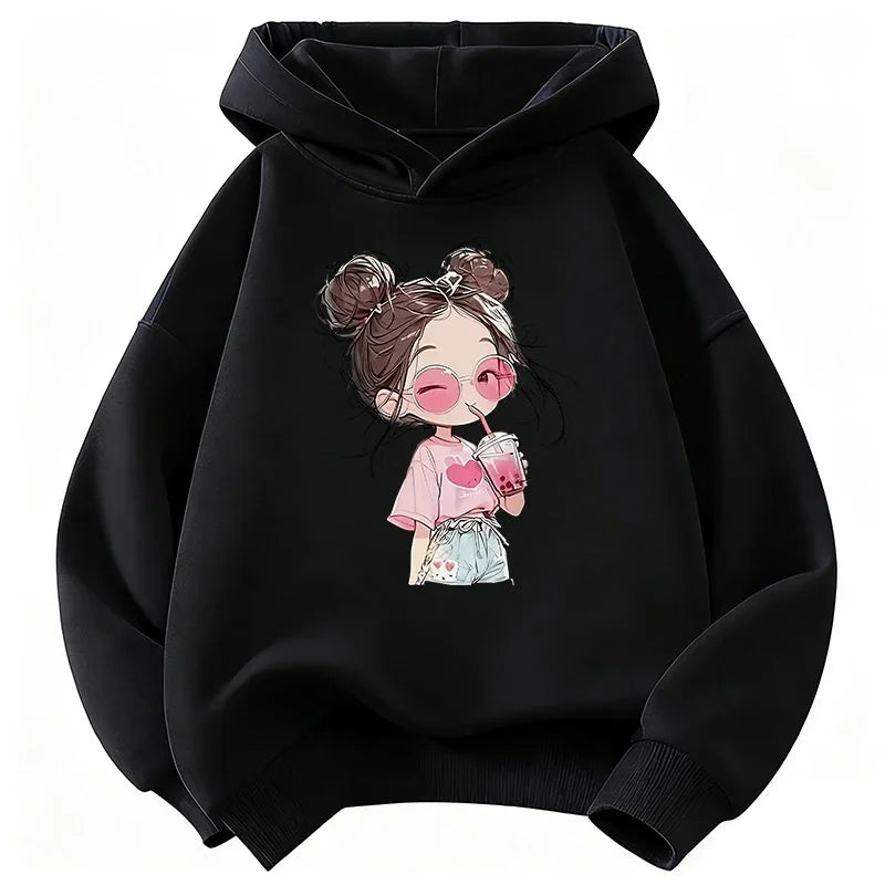 hooded casual sports shirt -  girls' niche fruit beverage printed pullover hoodie