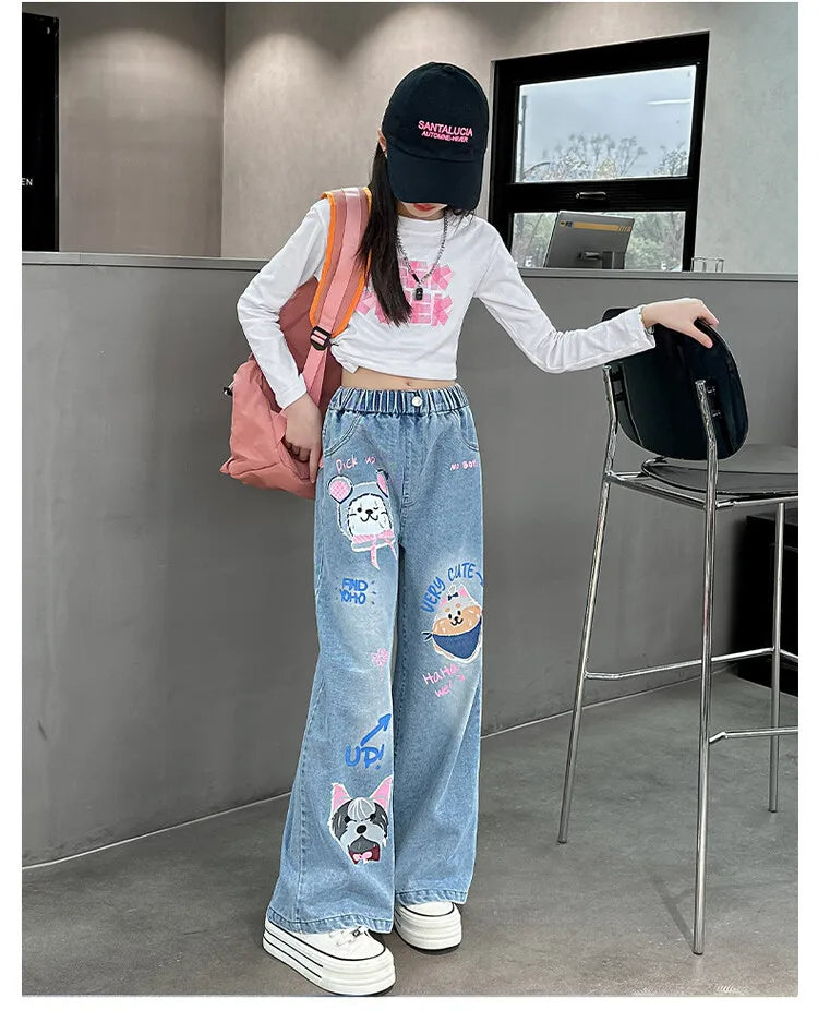 Girls' Cartoon Print Jeans Autumn Teenage Children's Fashion Wide Leg Denim Pants Kids Spring Outwear