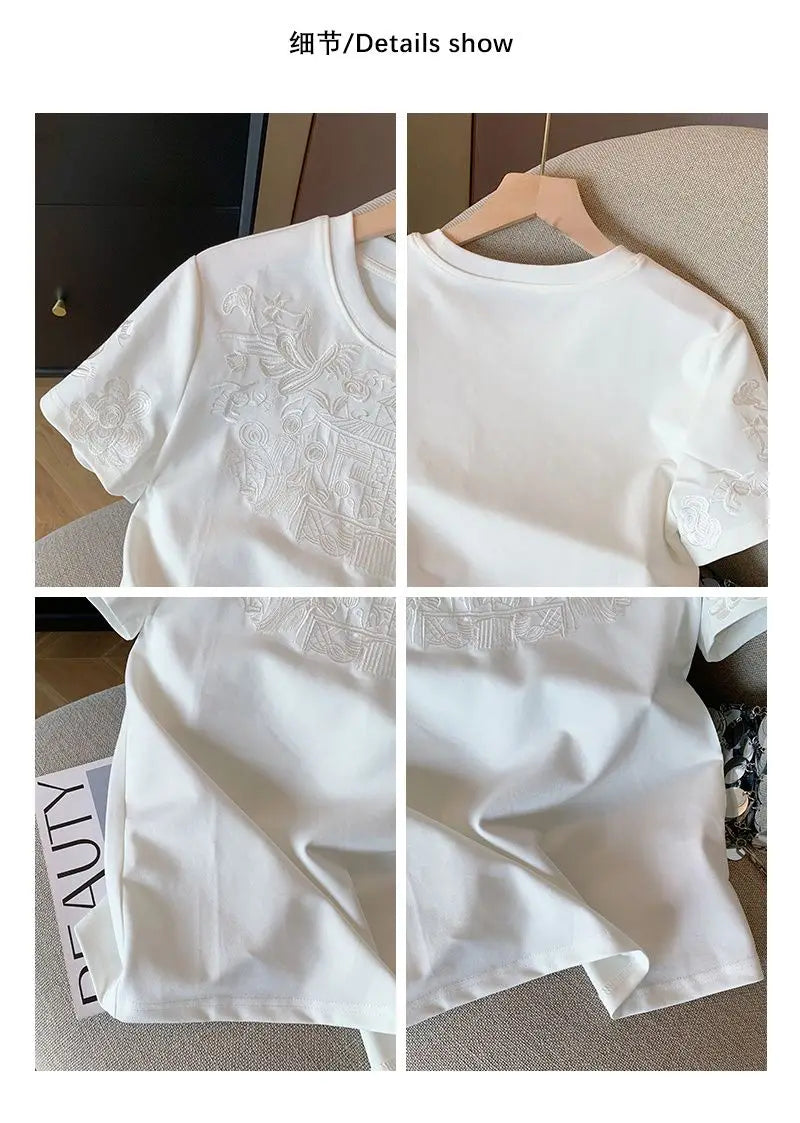Women Clothing Summer Fashion Vintage Embroidery White Cotton Basic T Shirt Female Simple Casual O Neck Short Sleeve Loose Tops