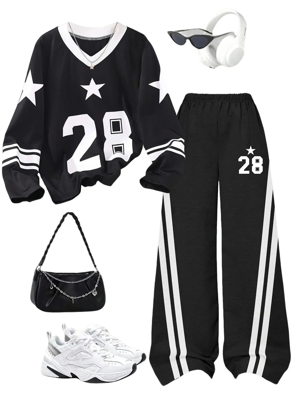 2-Piece Casual Outfit: Teen Girls' Digital Print Long Sleeve Top + Black Pants