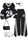 2-Piece Casual Outfit: Teen Girls' Digital Print Long Sleeve Top + Black Pants