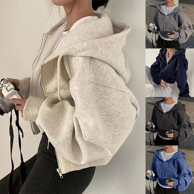 Autumn Versatile Cropped Slims Smooths Silhouette Zip-up Warm Navy Blue Hooded Sweatshirt Women