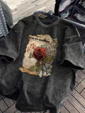 Vintage Washed T-shirt with Retro Rose Print, Women Unisex Streetwear Fashion
