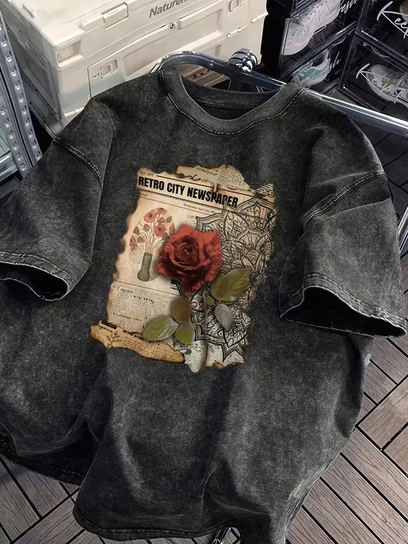 Vintage Washed T-shirt with Retro Rose Print, Women Unisex Streetwear Fashion