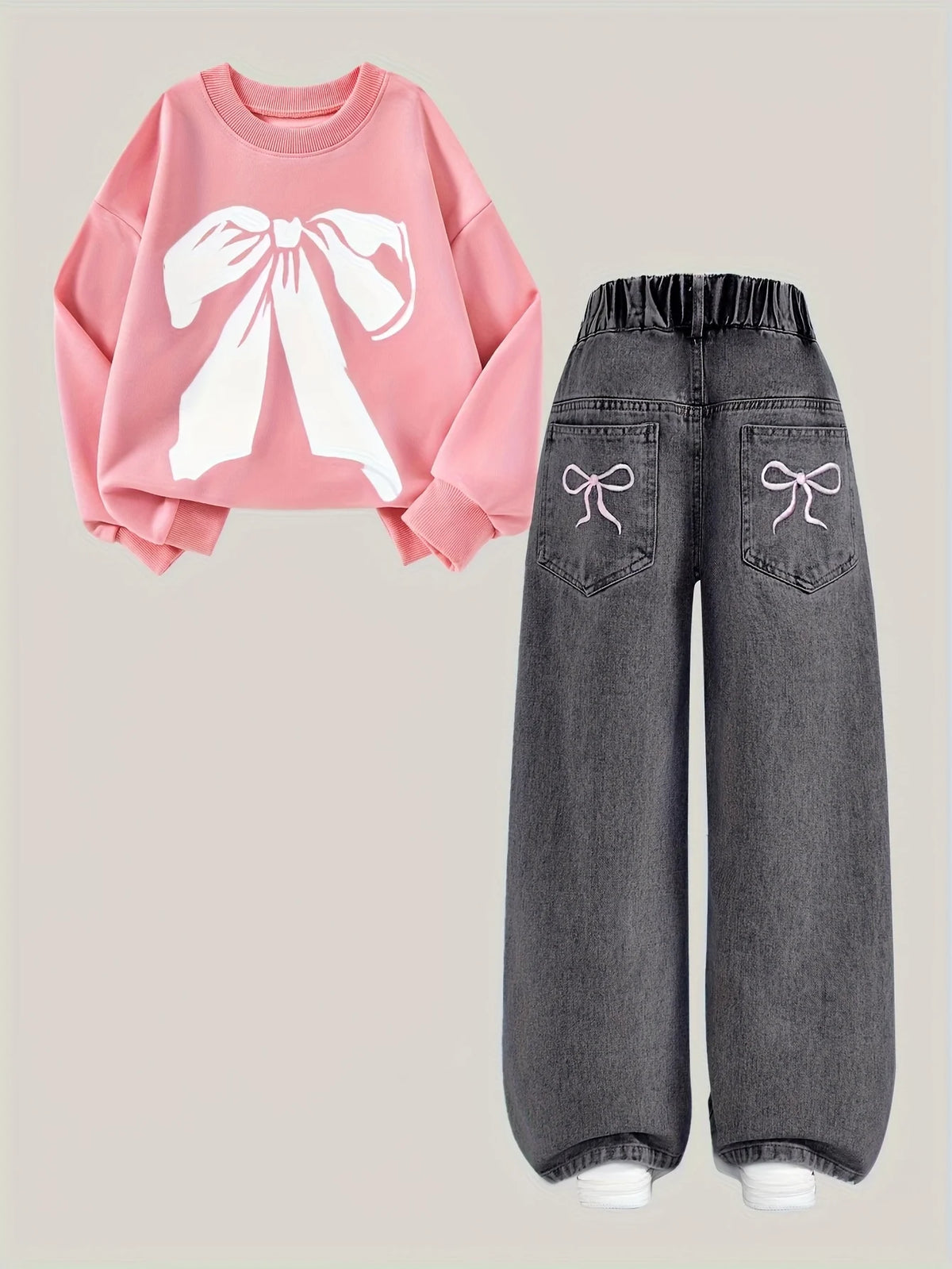 2 pcs Girls' Pink Hoodie + Black Denim Pants