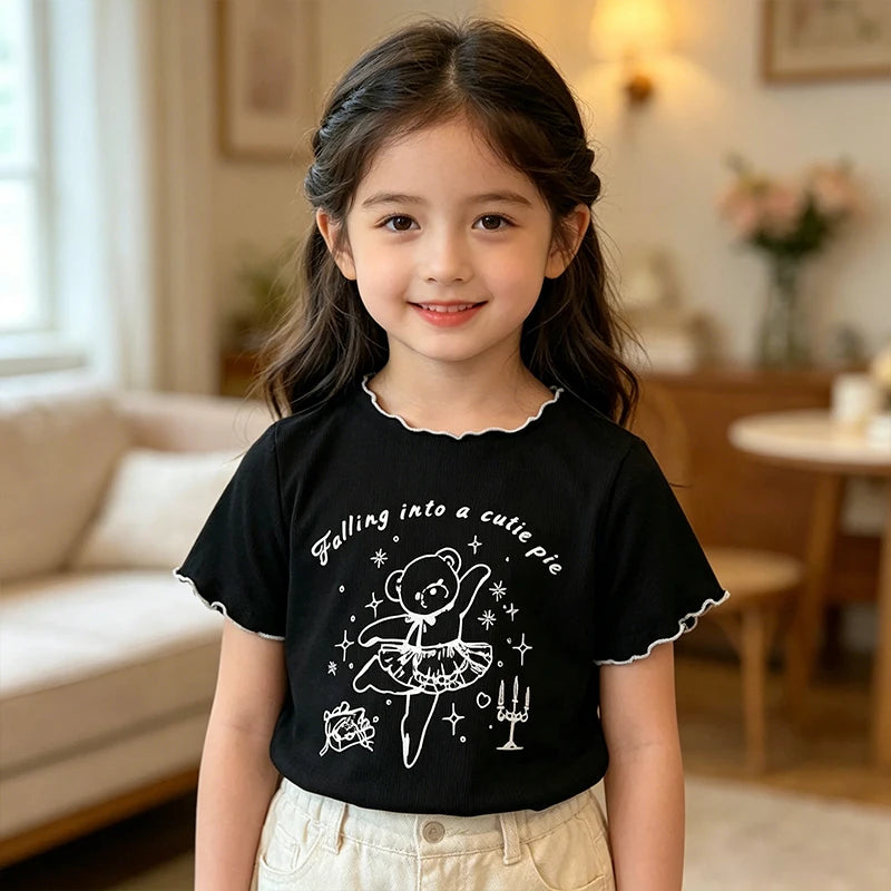 Girls Cartoon Print Ruffle Trim T-Shirt
