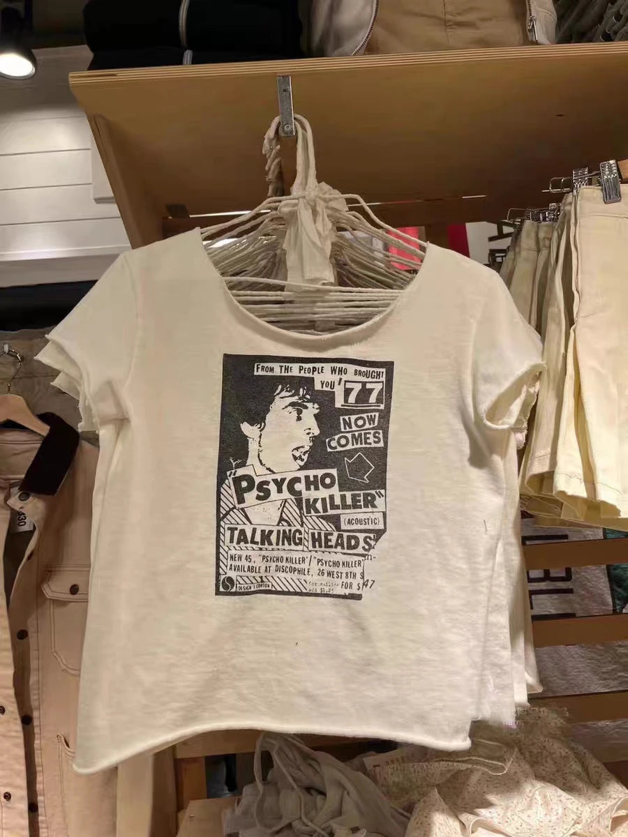 Vintage T Shirt Women Casual Summer White Round Neck Short