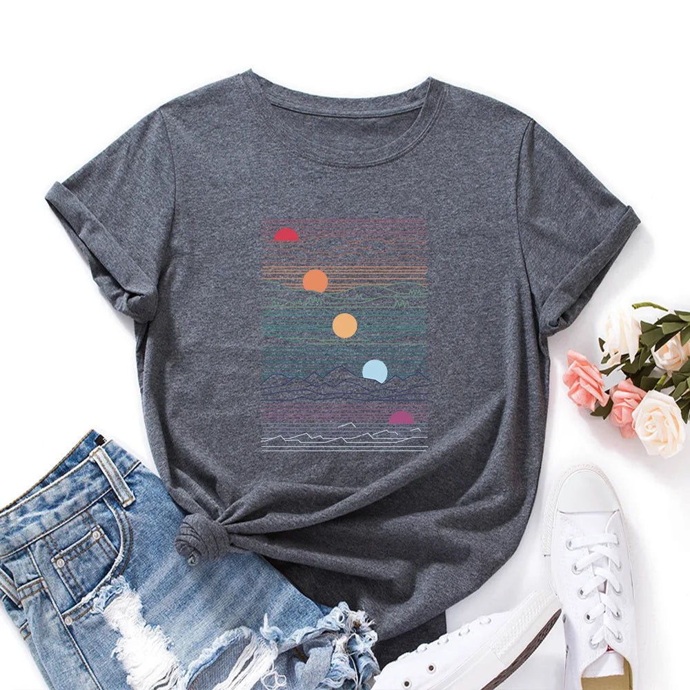 100% Cotton Summer T-Shirt Woman Loose Shirts Fashion Sunrise Print