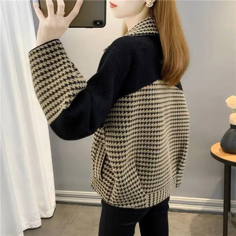 Check Short Wool & Blends Jacket for Women Blazer Coats Woman Elegant Cold Outdoor