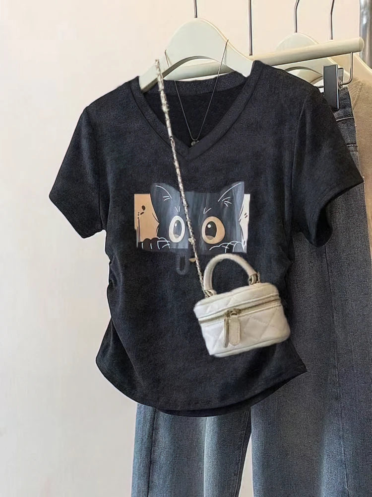 100% Cotton Washed Vintage Cat Print Short Sleeve T Shirt Women V Neck Oversize