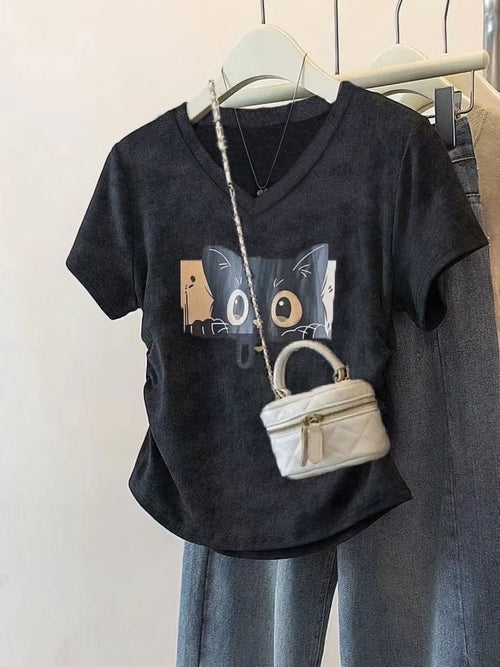 100% Cotton Washed Vintage Cat Print Short Sleeve T Shirt Women V Neck Oversize