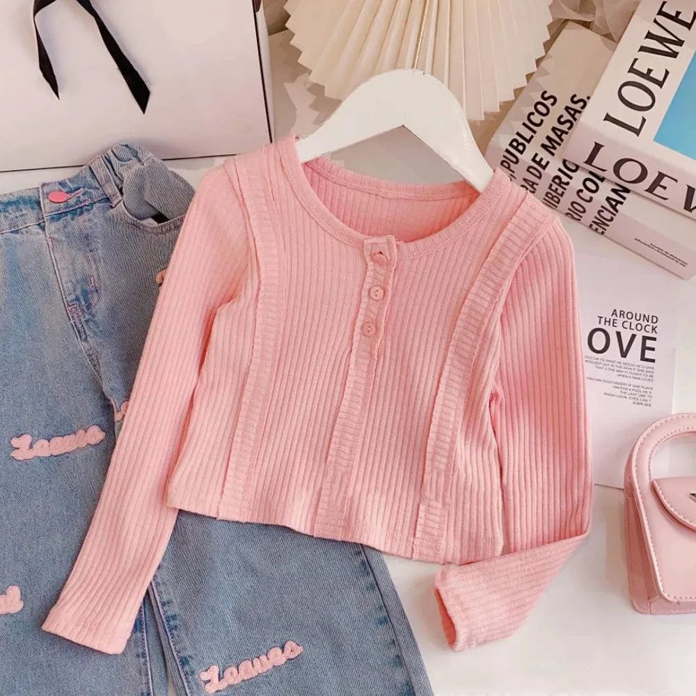 2 pcs  Girls Clothing Set Solid Color Long Sleeve Top+Letter Print Wide Leg Jeans