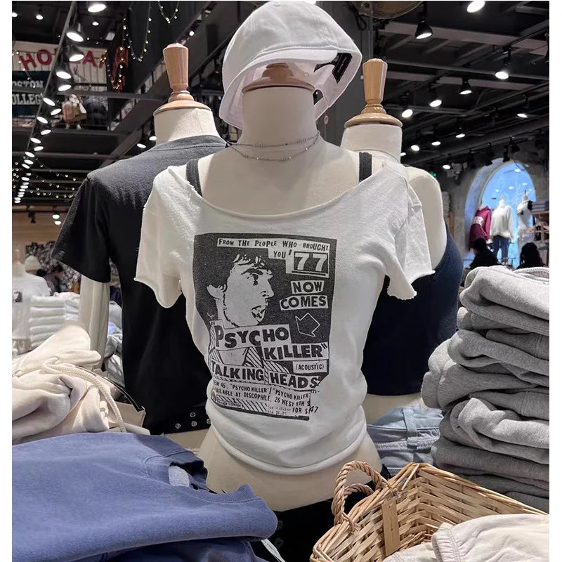 Vintage T Shirt Women Casual Summer White Round Neck Short