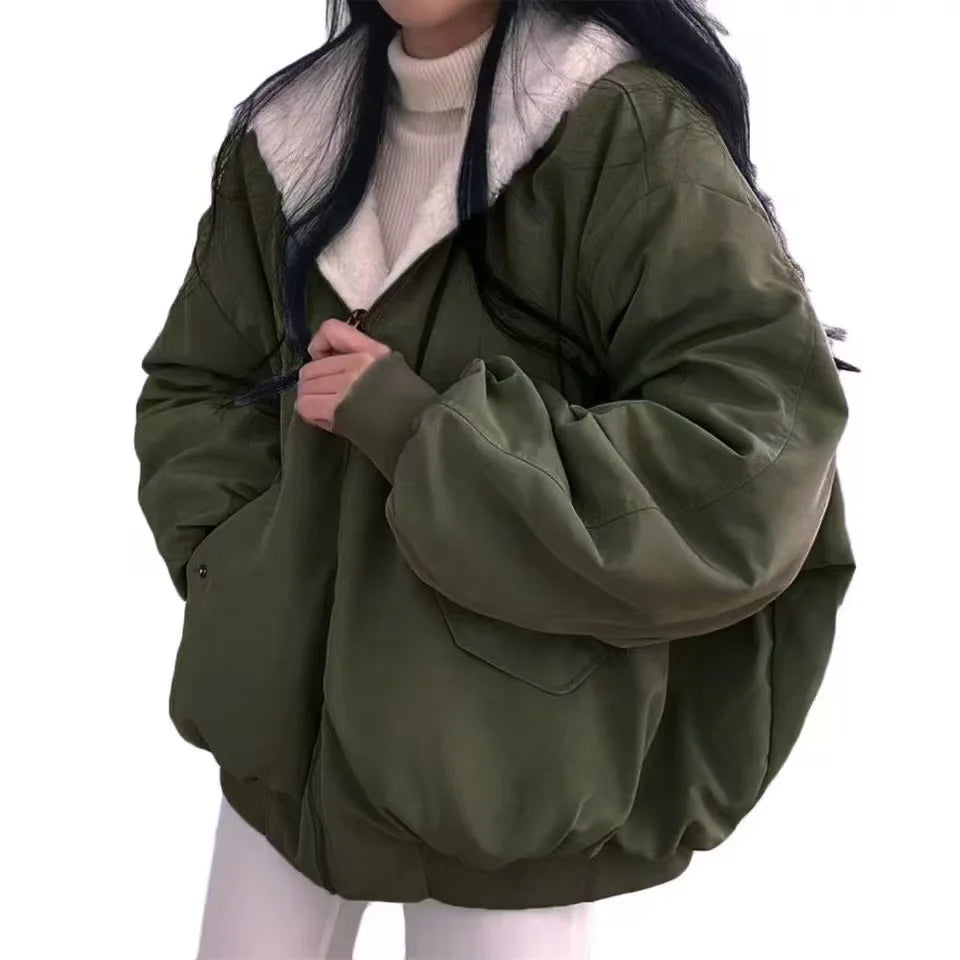 Fashion Double Sided Thicken Parkas Women Winter Warm Fleece Loose Coats Zipper Jacket