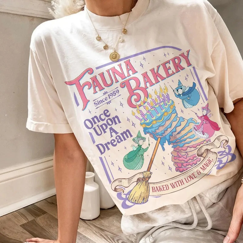 Women's Vintage Baked with Love & Magic T-Shirt Men Oversized Tee Unisex Streetwear Casual Loose Summer Tops Fauna Bakery