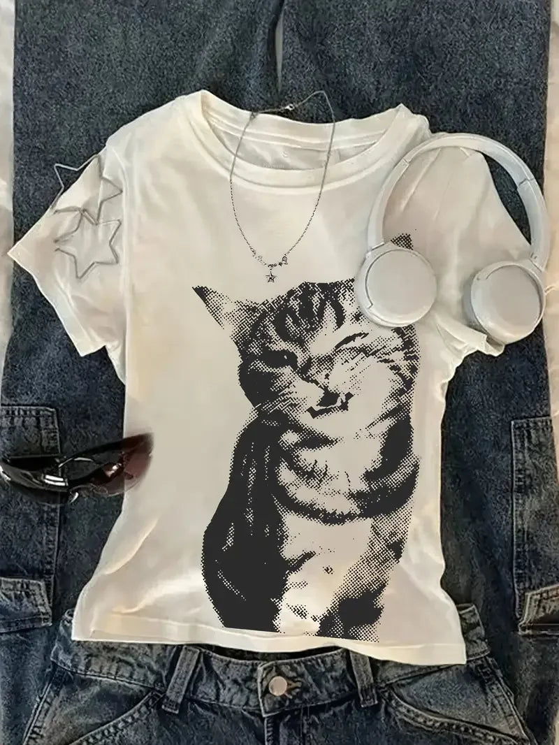 T Shirts Tops Cat Print Women High Street Oversized