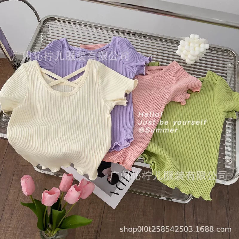 Children Short Sleeved Thin Soft Tops Simple Solid Color Casual Kids