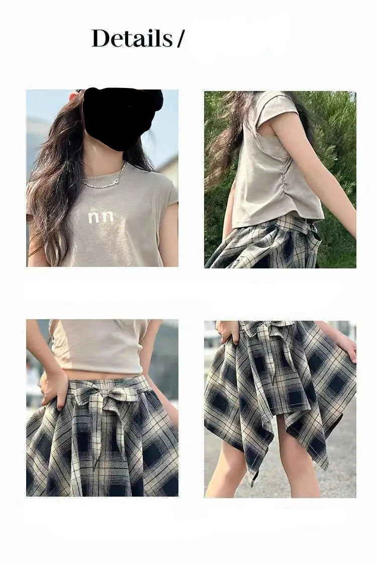 T-shirt+Plaid Irregular Skirt 2Pcs