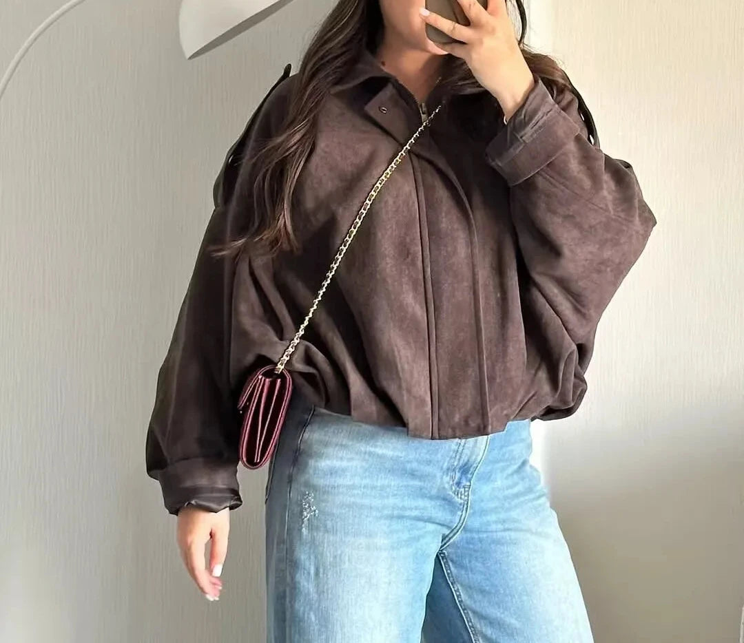 Women Suede Textured Jacket Long Sleeve Lapel Collar Loose Coats Casual Female Outerwear Chic Tops