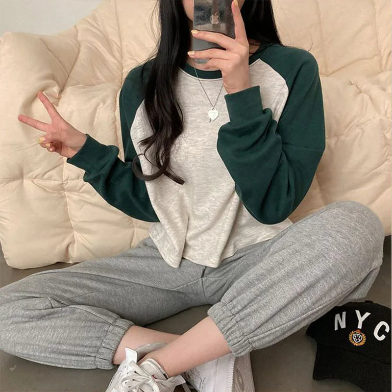 Women Spring Cotton Version Patchwork Tops Long Sleeve Sweet Loose Korean Style Leisure All-match Students