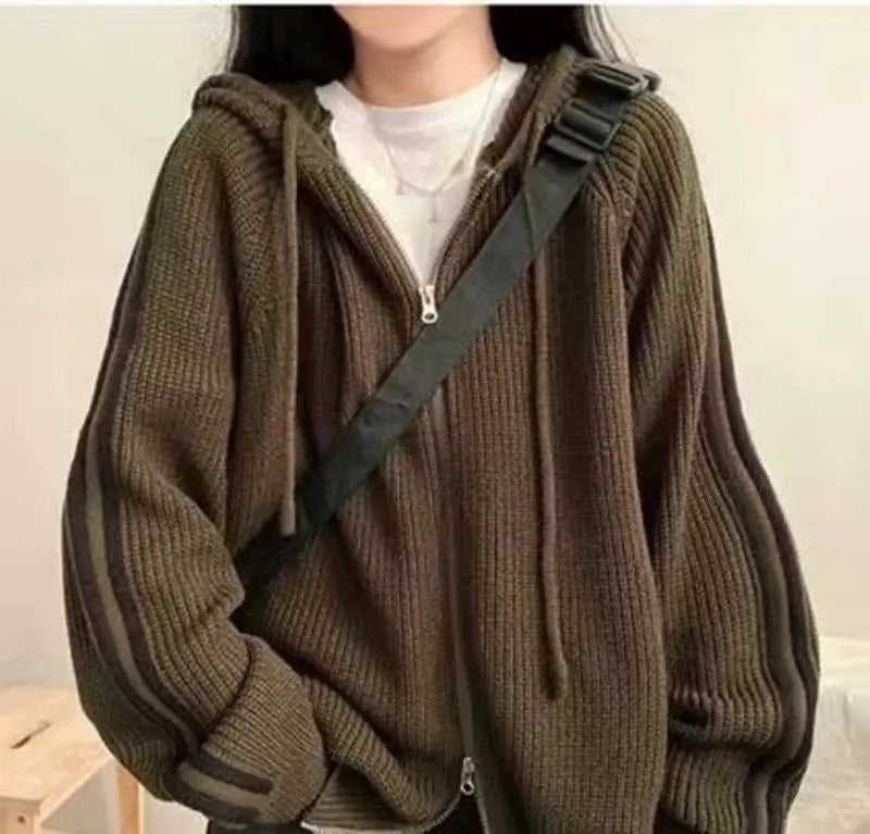 Double Zipper Knitted Cardigans Women Autumn Winter Thicken Warm Hooded Sweater