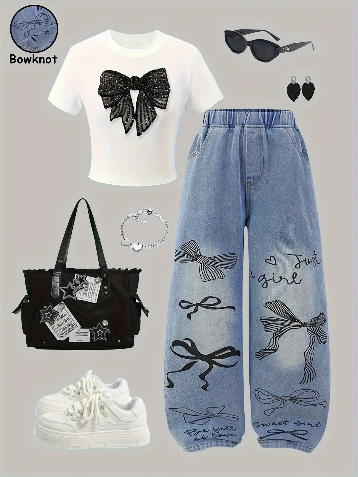2Pcs  White Sequin Bow Short Sleeve Top & Bow Print Denim