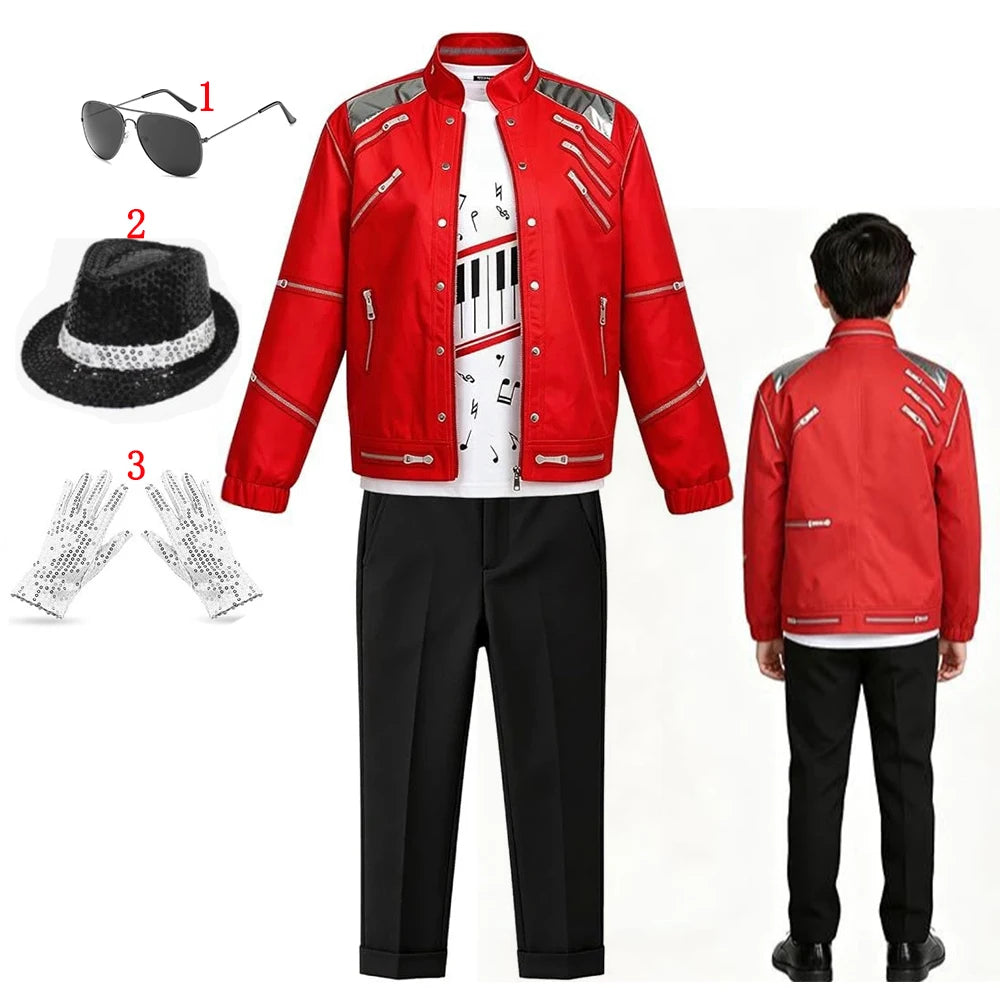 Kids Cosplay Dance Star Costume Set Red Printed 80s 90s Stage Party Outfit