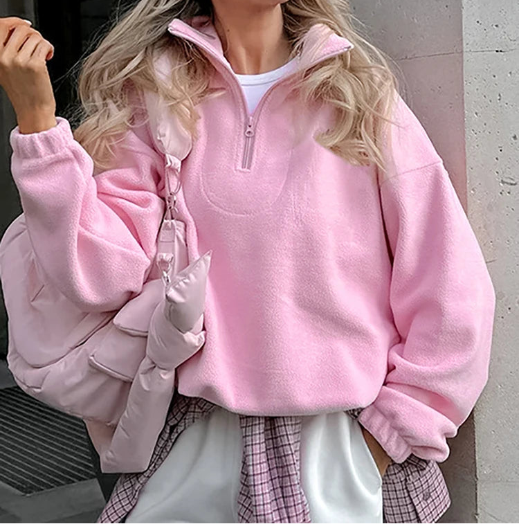 Women Autumn Winter Fleece Hoodies Elegant Stand Collar Zipper Loose Sweatshirt Elegant Solid Pullover Casual Top Streetwear