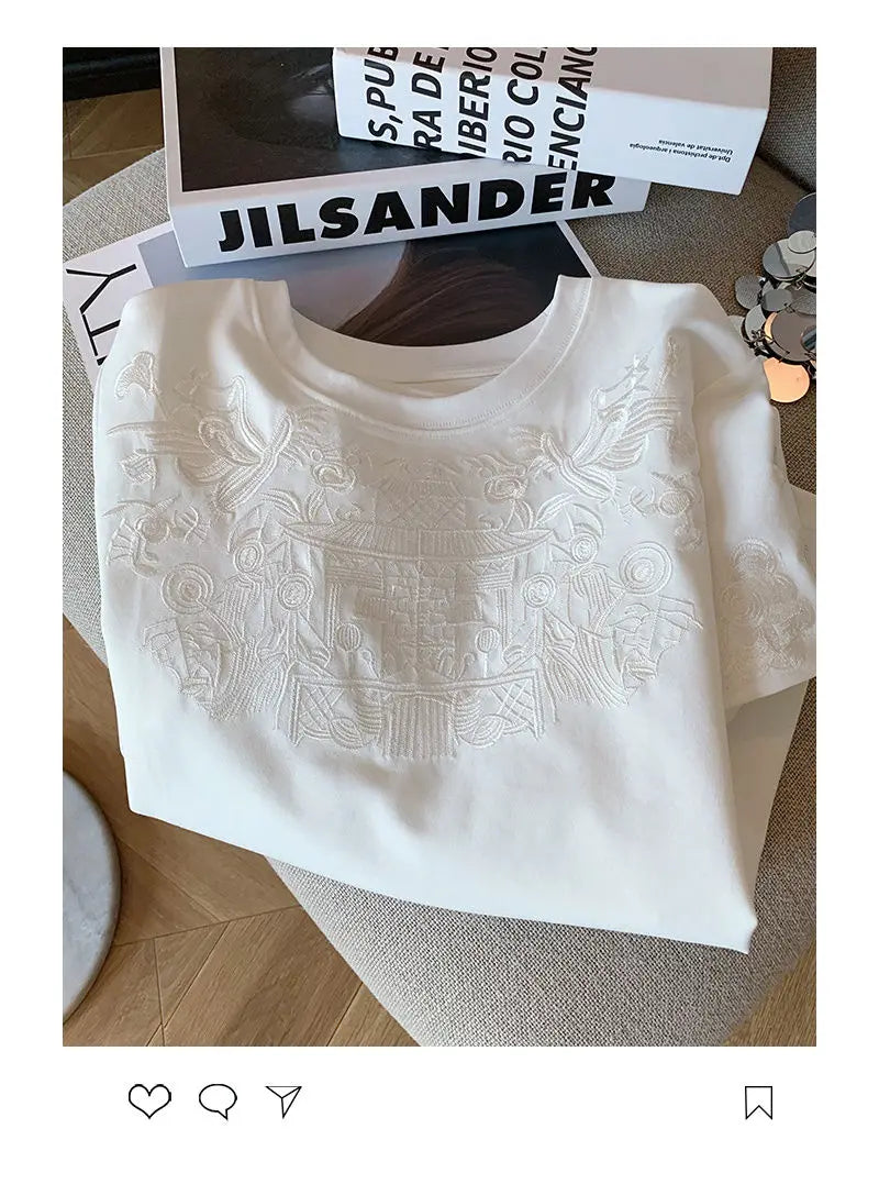 Women Clothing Summer Fashion Vintage Embroidery White Cotton Basic T Shirt Female Simple Casual O Neck Short Sleeve Loose Tops