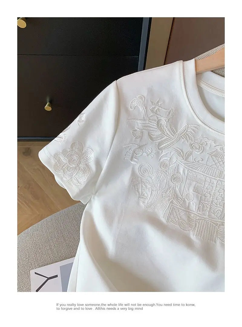 Women Clothing Summer Fashion Vintage Embroidery White Cotton Basic T Shirt Female Simple Casual O Neck Short Sleeve Loose Tops