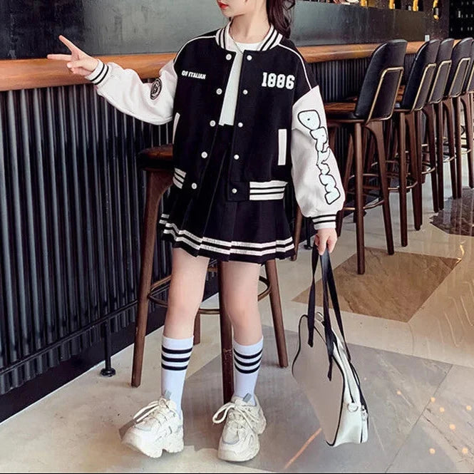 2 pcs Spring Autumn Kids Baseball Sports Suit Children Jacket Pleated Skirt