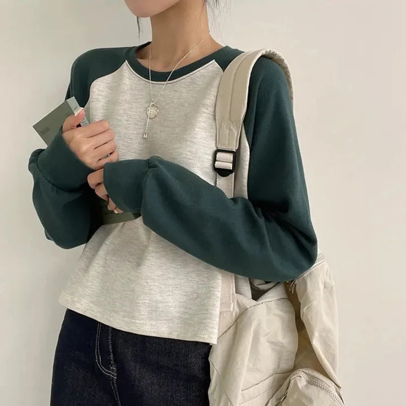 Women Spring Cotton Version Patchwork Tops Long Sleeve Sweet Loose Korean Style Leisure All-match Students