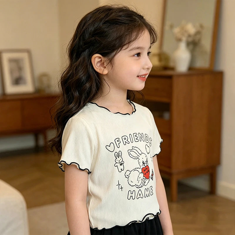 Girls Cartoon Print Ruffle Trim T-Shirt