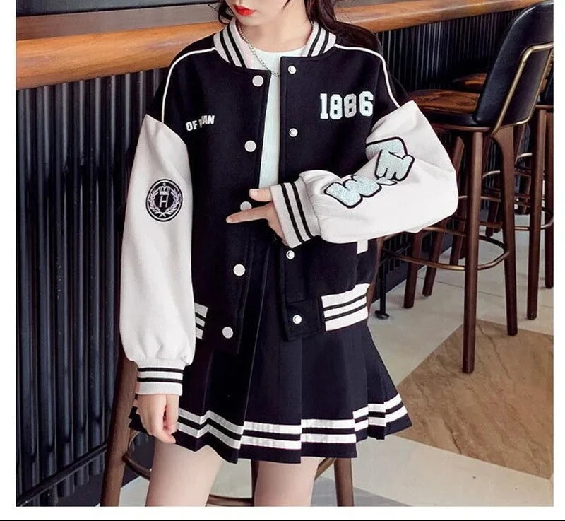 2 pcs Spring Autumn Kids Baseball Sports Suit Children Jacket Pleated Skirt