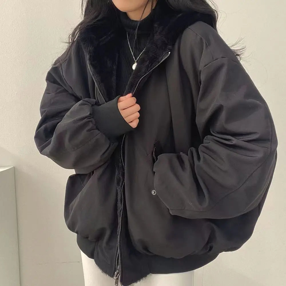 Fashion Double Sided Thicken Parkas Women Winter Warm Fleece Loose Coats Zipper Jacket