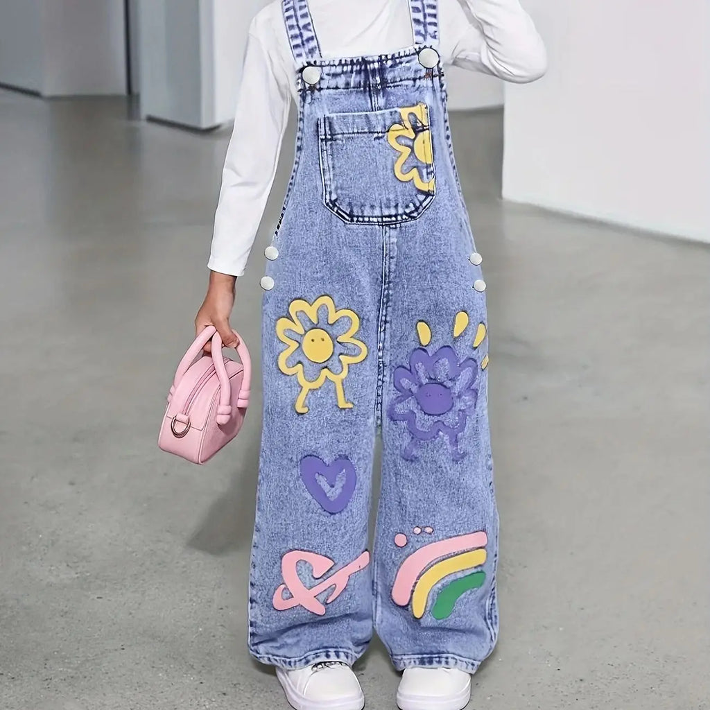 Girl's Y2K Sunflower Pattern Printed Straight and Loose Denim Drawstring Pants
