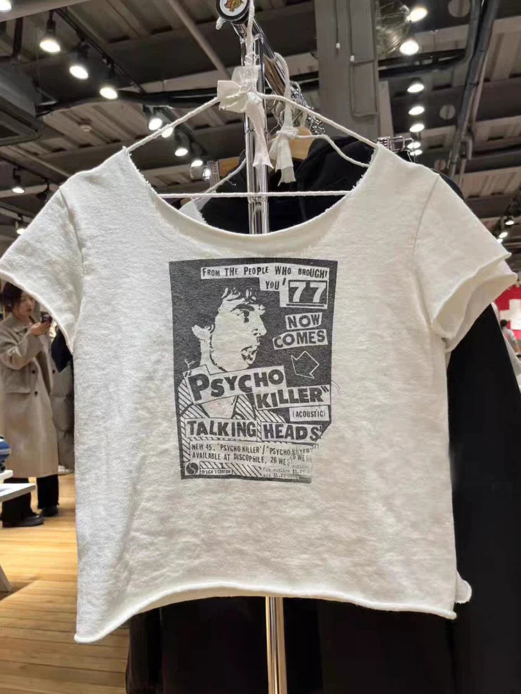 Vintage T Shirt Women Casual Summer White Round Neck Short