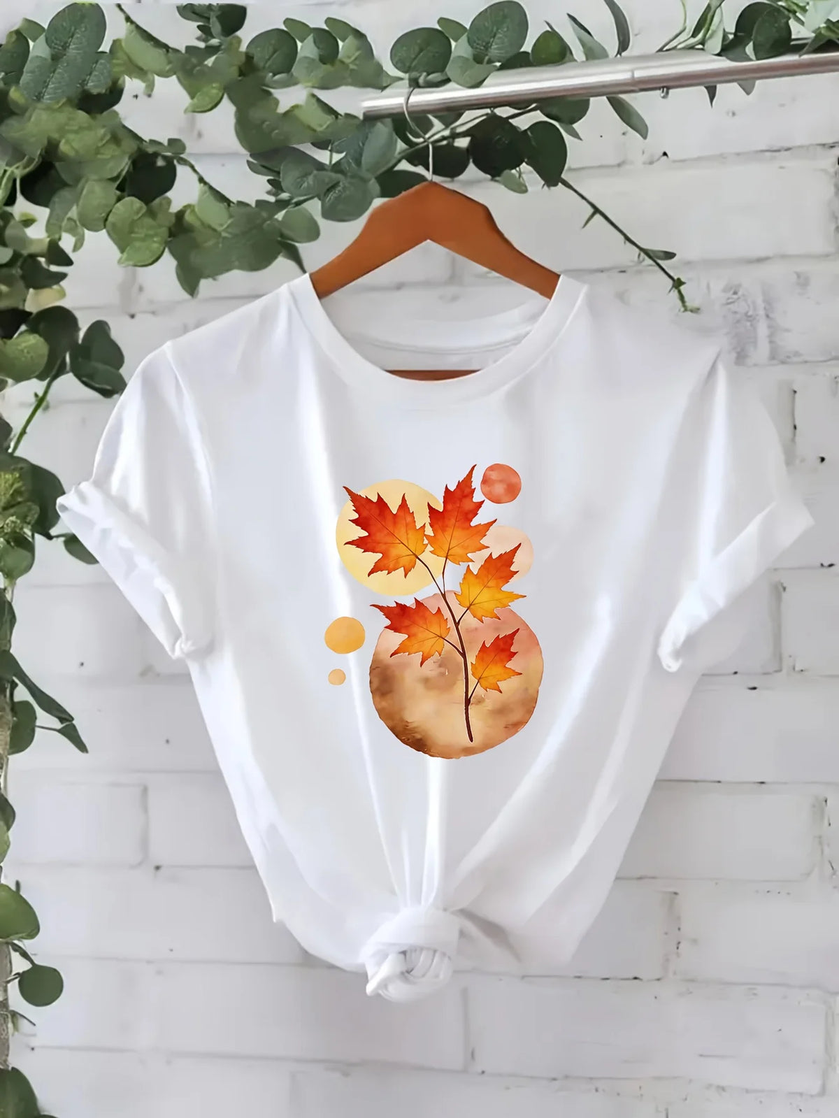 T-Shirt Casual Trendy Leaf and Flower Design Print Crew Neck Tops Graphic Vintage