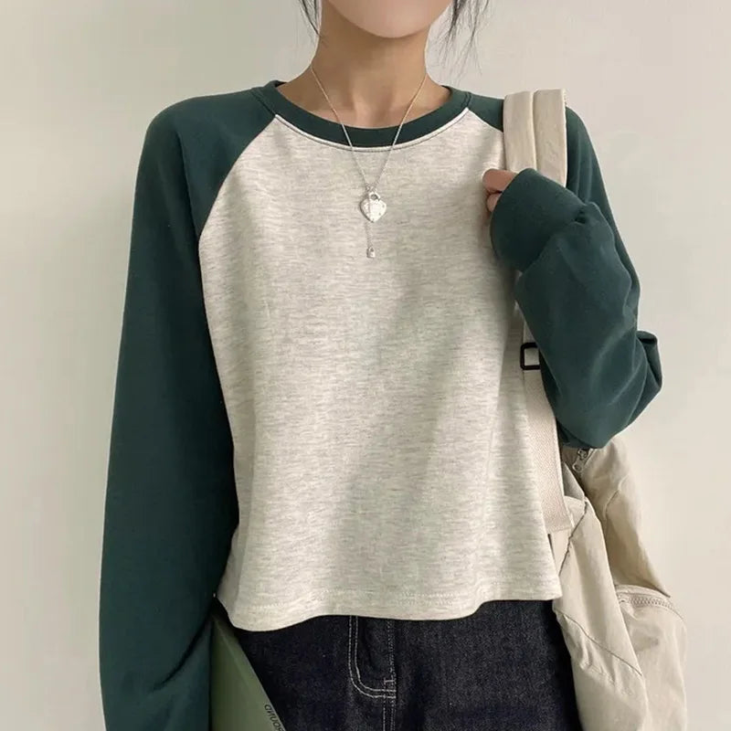 Women Spring Cotton Version Patchwork Tops Long Sleeve Sweet Loose Korean Style Leisure All-match Students