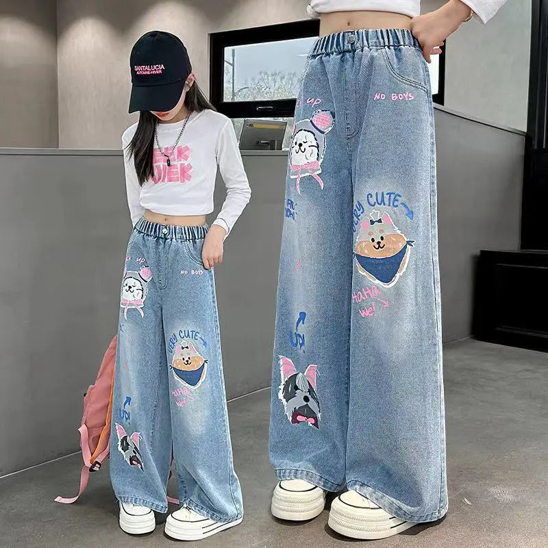 Girls' Cartoon Print Jeans Autumn Teenage Children's Fashion Wide Leg Denim Pants Kids Spring Outwear