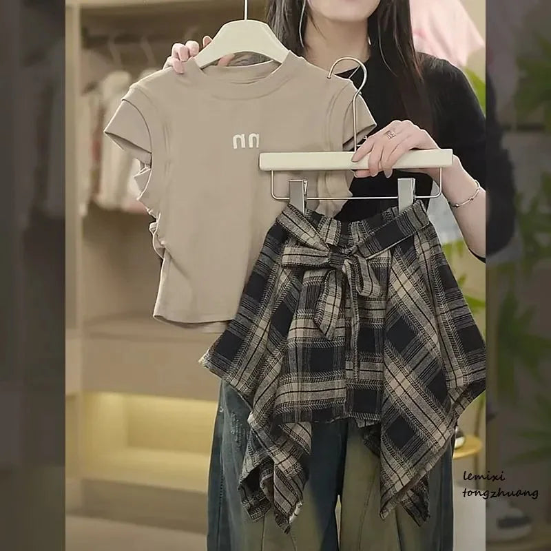 T-shirt+Plaid Irregular Skirt 2Pcs