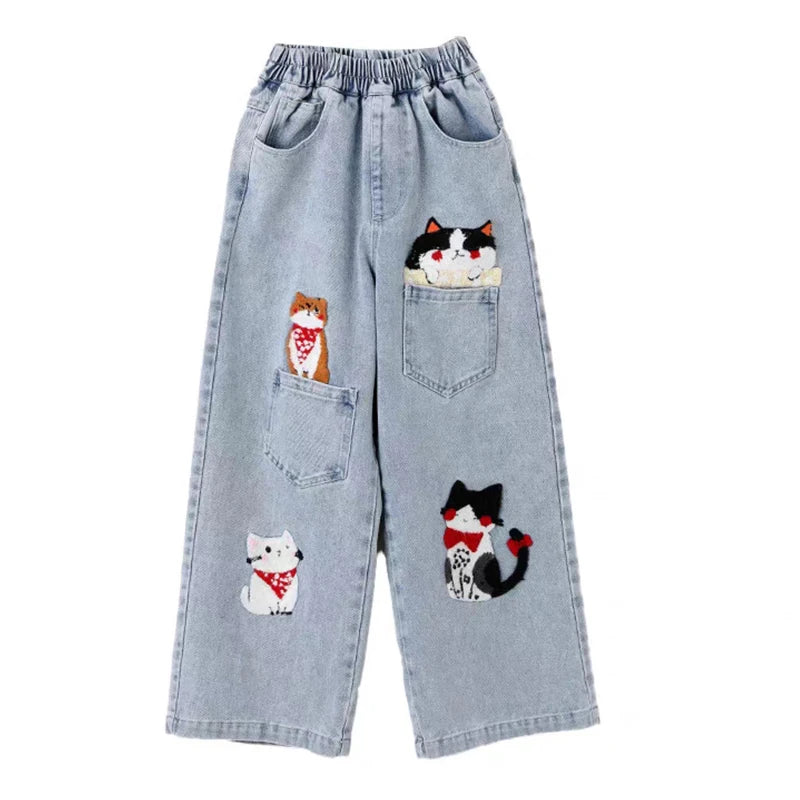 Girls Cat Embroidery Jeans