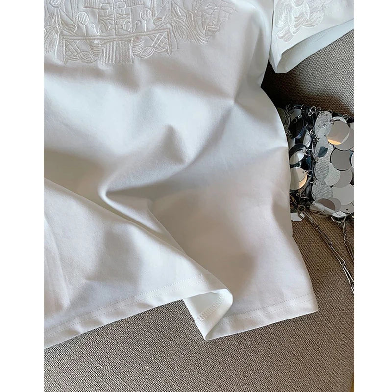 Women Clothing Summer Fashion Vintage Embroidery White Cotton Basic T Shirt Female Simple Casual O Neck Short Sleeve Loose Tops