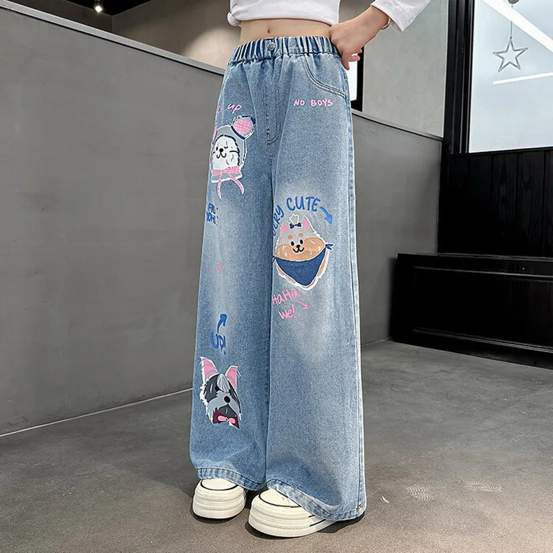 Girls' Cartoon Print Jeans Autumn Teenage Children's Fashion Wide Leg Denim Pants Kids Spring Outwear