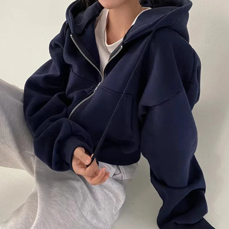 Autumn Versatile Cropped Slims Smooths Silhouette Zip-up Warm Navy Blue Hooded Sweatshirt Women