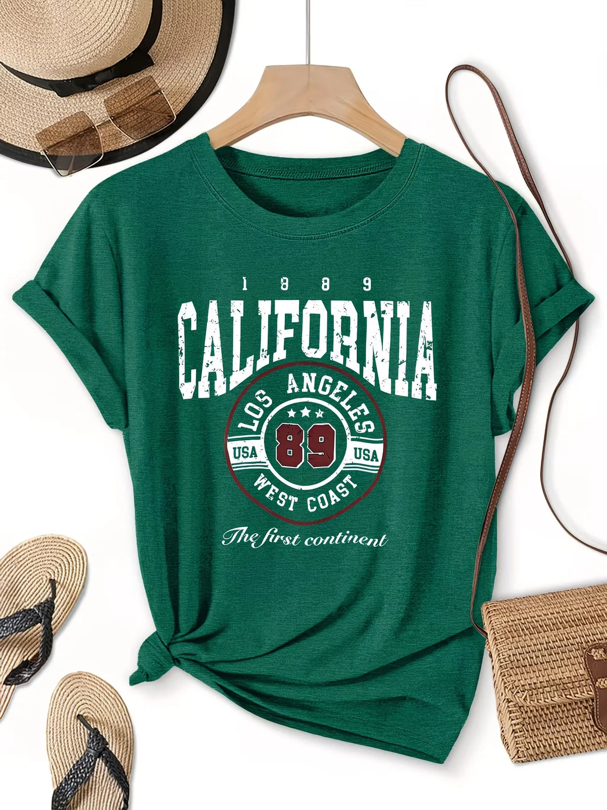 Crew Neck Short Sleeve Retro American Style California Los Angeles 89 Letter Print T Shirt Women's Outfits Casual Streetwear