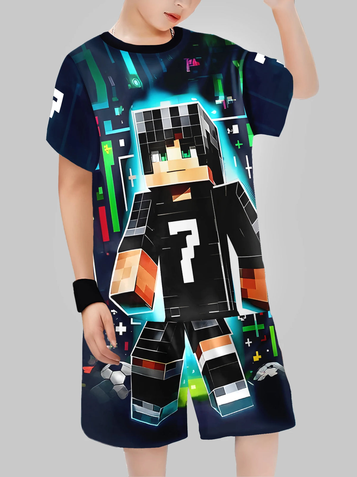 Block Man Digital Printing Casual Short + T-shirt Boys