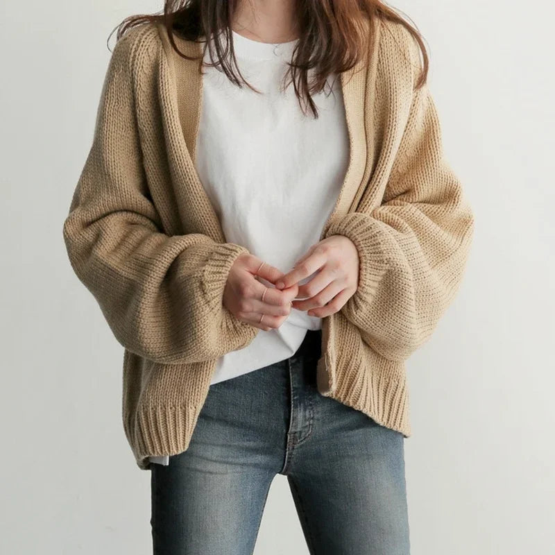 Autumn Fashion Women Loose Knitted Cardigan Short Sweater Jacket V Neck New Casual Office Solid Color Elegant Long Sleeve Coats