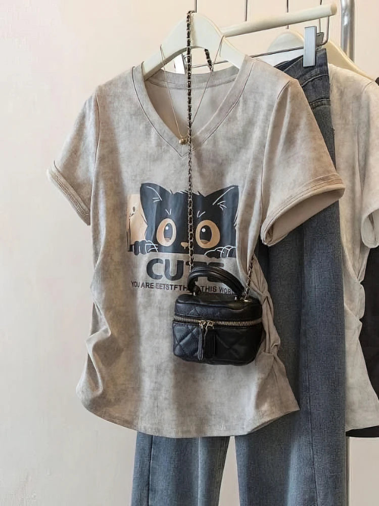100% Cotton Washed Vintage Cat Print Short Sleeve T Shirt Women V Neck Oversize