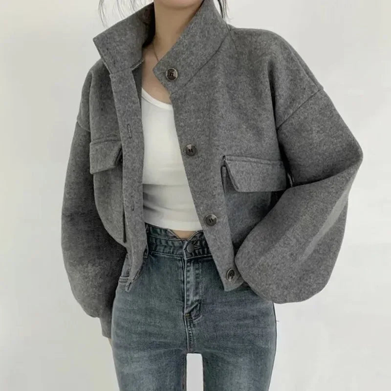 Autumn Winter Short Sleeve Wide Loose Casual Wool Coat Women Solid Fashionable